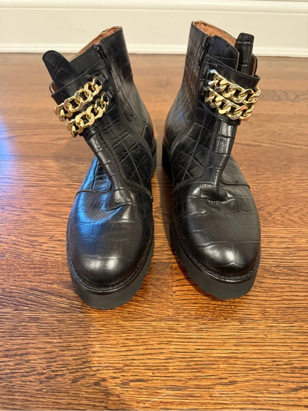 Andre Assous Black Croc-Embossed Ankle Booties with Gold Chain Accent